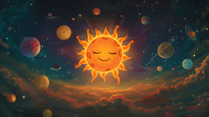Illustration of cute sun and planets in the space illustration