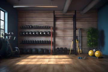 Fotobehang home gym with built in storage for resistance bands © sugastocks