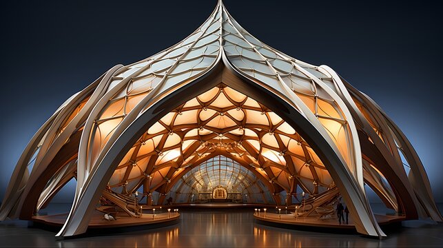 A curved hyperbolic paraboloid in a symmetrical geometric setting --ar 16:9 --v 5.2 --s 750** - Image #1 @maliktanveer