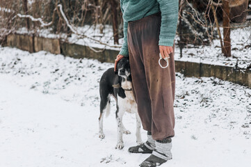 An elderly homeless man caresses his hand on the head of an old mongrel dog with scars in the snow...