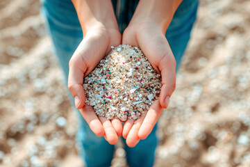Close-up of a girl's hands holding beach sand with micro plastics. Concept of environmental care.