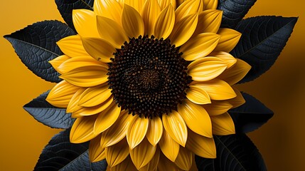 A close-up view of a vibrant, blooming sunflower with its intricate pattern of petals against a bright yellow background