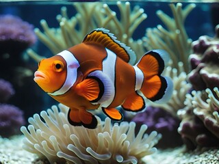 Naklejka na ściany i meble Clownfish, with its iconic orange, white, and black stripes, swims among the tentacles of sea anemones in underwater landscape. Generative AI.