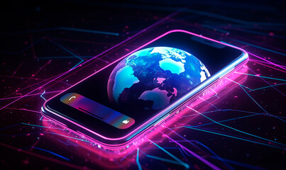 Neon smartphone with digital planet and network. Purple mesh line 3d glowing cyberspace of global information and communication with virtual worldwide cyberspace and telecommunications