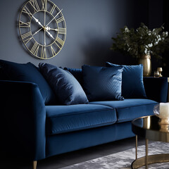 close up on a navy blue quilted velvet sofa with pillows in a classic living room - 721498114