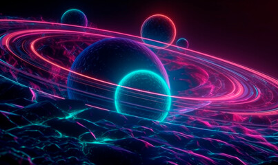 Glowing neon planets with rings background. Galactic 3d stars with purple round lines of energy and whirlpool of flares in night space with futuristic orbits
