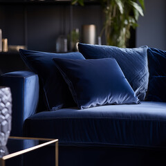 close up on a navy blue quilted velvet sofa with pillows in a classic living room - 721498160