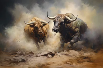 Tuinposter Bulls fighting in the studio with smoke background © Kitta
