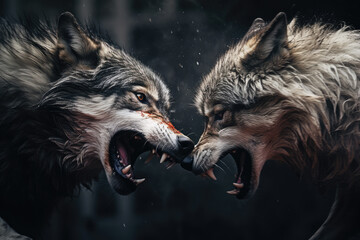Two wolves are fighting in the snow. Two wolves are fighting.