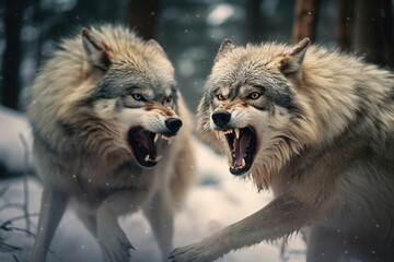 Two wolves are fighting in the snow. Two wolves are fighting.