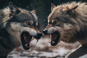 Two wolves are fighting in the snow. Two wolves are fighting. © Kitta Studio
