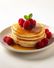 a delicious plate of realistic pancakes white background