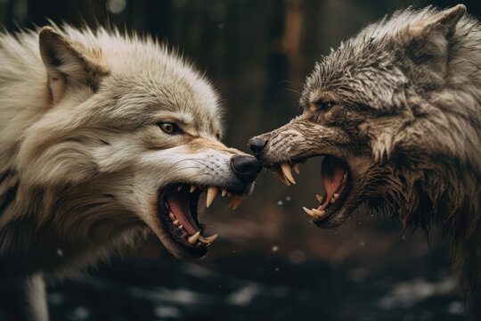 Two wolves are fighting in the snow. Two wolves are fighting.