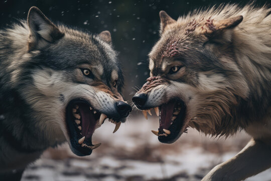 Two wolves are fighting in the snow. Two wolves are fighting.