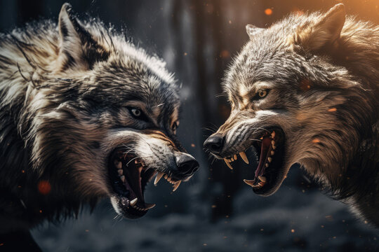 Two wolves are fighting in the snow. Two wolves are fighting.