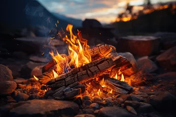 Fotobehang Camping fire on the beach at sunset. Camping concept © Kitta