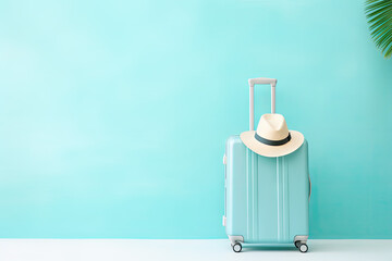 Obraz premium Summer holiday background with hat, sunglasses, suitcase and copy space.