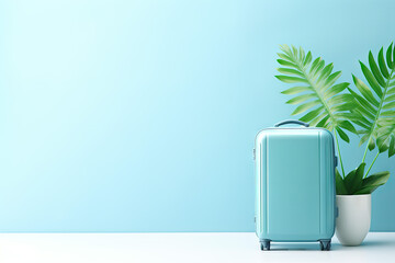 Summer holiday background with hat, sunglasses, suitcase and copy space.