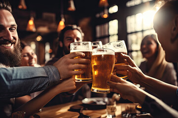 Group of young people clinking glasses with beer while sitting in pub