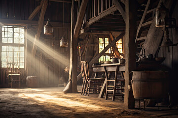 Wooden barn with sunlight shining through the roof, vintage style.