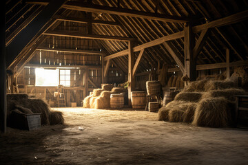 Wooden barn with sunlight shining through the roof, vintage style.