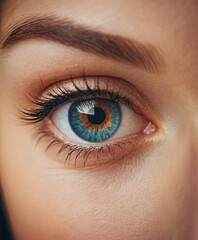 close up of a female blue green grey eye with makeup