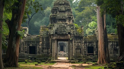 Fototapeta na wymiar Ancient stone gateway of a Khmer temple, 