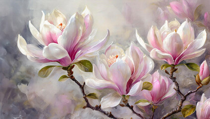 Piękne malarskie magnolie, wiosenne kwiaty. pastelowe tło kwiatowe - obrazy, fototapety, plakaty