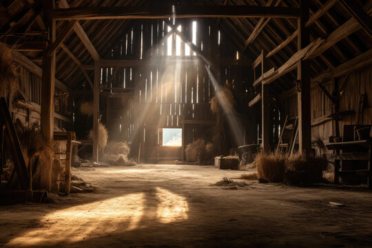 Wooden barn with sunlight shining through the roof, vintage style.