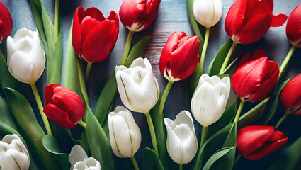 Wiosenne tło kwiatowe, czerwone i białe tulipany