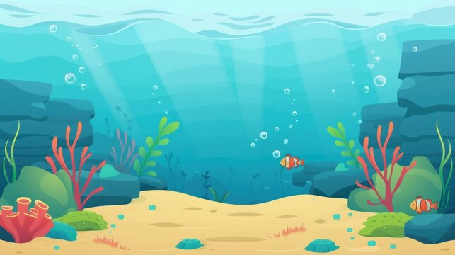 flat design cartoon illustration of an underwater sea scene, perfect for web backgrounds