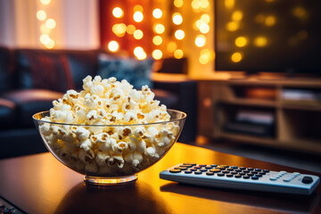 Popcorn in a glass bowl and TV remote control on the table