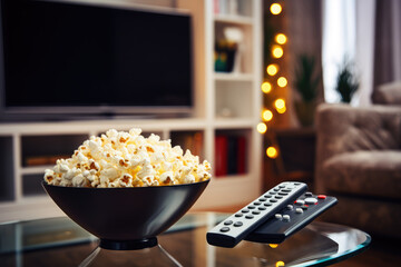 Popcorn in a glass bowl and TV remote control on the table