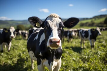 Fototapeta na wymiar Female black and white cow in field looking at camera