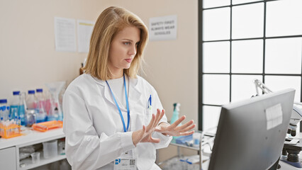 A young caucasian blonde woman wearing a lab coat examines scientific equipment in a modern laboratory.