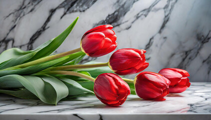 Czerwone tulipany leżące na marmurze, martwa natura