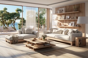 Fototapeta premium Modern 3D interior room design Featuring sleek minimalist furniture in neutral tones