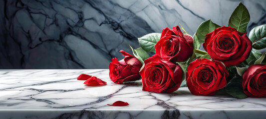 Fototapeta na wymiar Czerwone róże leżące na marmurze, martwa natura, tapeta na walentynki