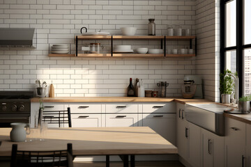 A kitchen with a subway tile backsplash