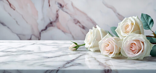 Piękne białe róże , pastelowe tło marmur, martwa natura, tapeta na walentynki