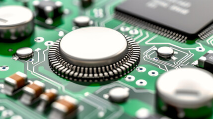 Close-up of computer hardware and circuit board, highlighting the intricate details of electronic components and digital technology