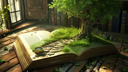 Illustration of magic opened book covered with grass, compass, tree and stoned way on woody floor