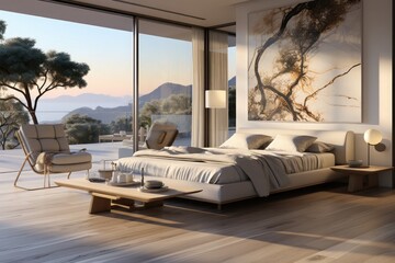 Modern bedroom interior, featuring a minimalist platform bed with crisp white linens