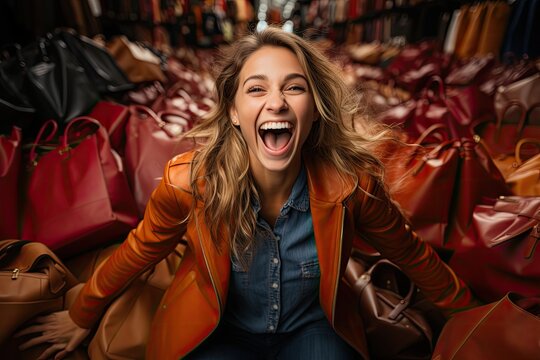 Happy girl laughing surrounded by numerous shopping bags, advertisements or promotional image