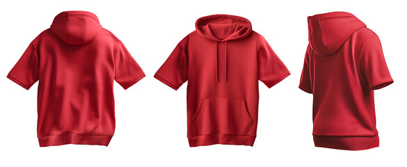 Set of red maroon front back side view tee short sleeve hoodie hoody sweatshirt on transparent background cutout, PNG file. Mockup template for artwork graphic design