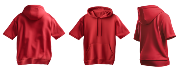 Set of red maroon front back side view tee short sleeve hoodie hoody sweatshirt on transparent background cutout, PNG file. Mockup template for artwork graphic design