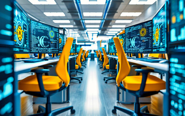 Fototapeta premium Modern Computer Technology in Office: Workroom with Multiple Screens, Desk, and Business Network Concept