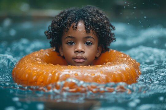 A young boy gleefully splashes in the pool, surrounded by the vibrant orange tube, his face beaming with joy as he enjoys the refreshing water on a sunny day