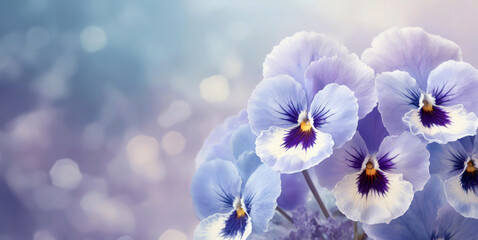 Piękne kwiaty bratki, wiosenne  pastelowe tło kwiatowe, puste miejsce - obrazy, fototapety, plakaty