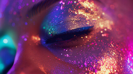 Close up of a messy fashionable glitter makeup aesthetic look. AI generated